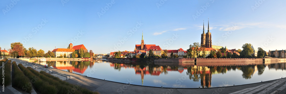 Wroclaw, Poland, October 2019. Gothic cathedral of St. John the Baptist, Ostrow Tumski, Panorama of Odra river