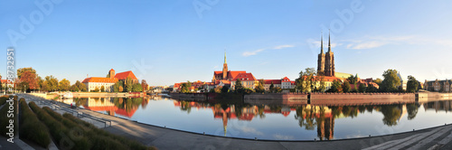 Wroclaw, Poland, October 2019. Gothic cathedral of St. John the Baptist, Ostrow Tumski, Panorama of Odra river