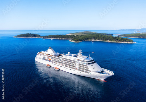 Croatia. Aerial view at the cruise ship at the day time. Adventure and travel. Landscape with cruise liner on Adriatic sea. Luxury cruise. Travel - image