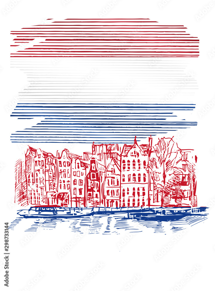 Ilustracja przedstawiająca flagę Holandii z przykładowym zabytkiem architektonicznym