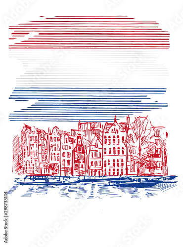 Ilustracja przedstawiająca flagę Holandii z przykładowym zabytkiem architektonicznym