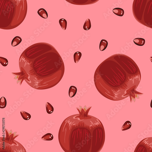 Seamless pattern with pomegranate and seeds on red background. Vector illustration of ripe red fruit in cartoon simple flat style.