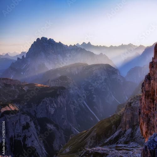 Sunset in the Dolomites. Tre Cime Nature Park, Trentino Alto Adige (South Tyrol), Italy. Mountain valley in the Alps at sunset.