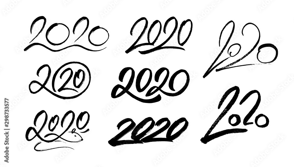 Happy New Year 2020. Set of calligraphy numbers for Chinese Year of the Rat. Vector illustration. - obrazy, fototapety, plakaty 