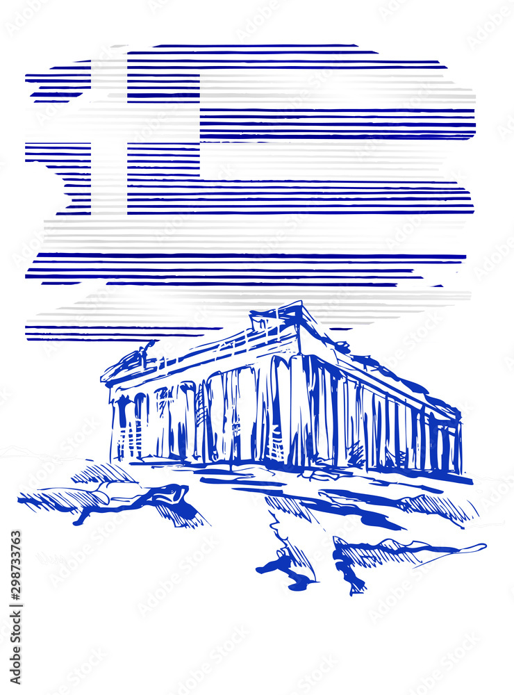 Ilustracja przedstawiająca flagę Grecji z przykładowym zabytkiem architektonicznym