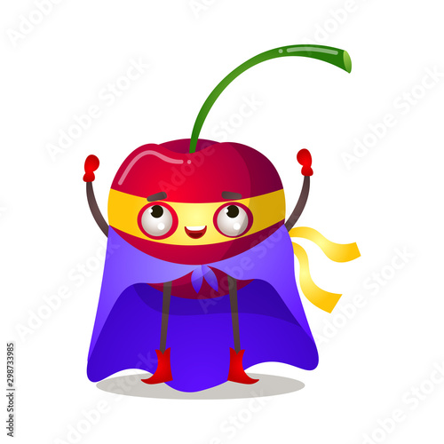 Funny superhero humanized cherry in a yellow mask and purple cloak. Vector illustration isolated on white background