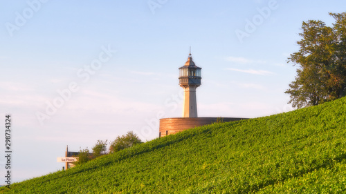 Famous lighthouse between green vineyard hills in Champagne region, France
