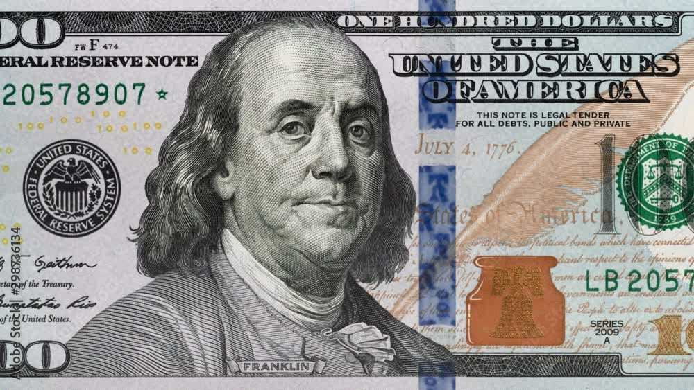 Tracking over US 100 dollar bill. 4K