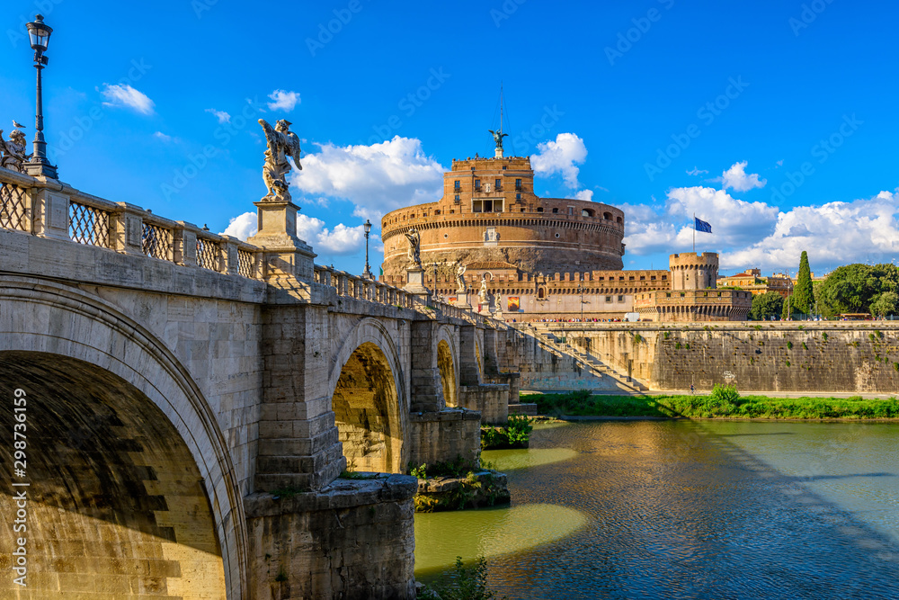 Castle Sant Angelo (Mausoleum of Hadrian), bridge Sant Angelo and river Tiber in Roma, Italy. Architecture and landmark of Rome. Cityscape of Rome.