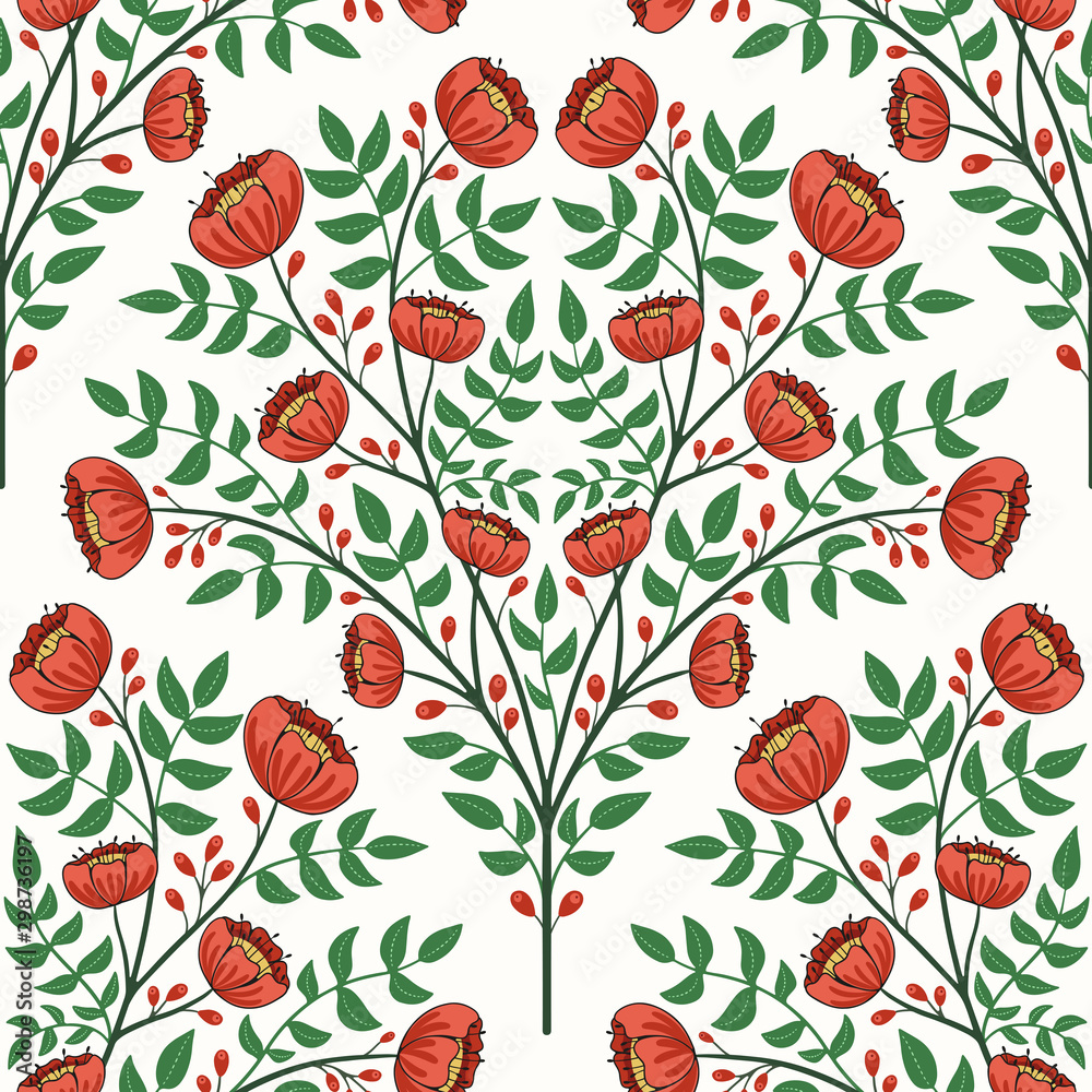 Floral scallop pattern, Poppy flower seamless vector Floral scallop pattern, Poppy flower seamless vector