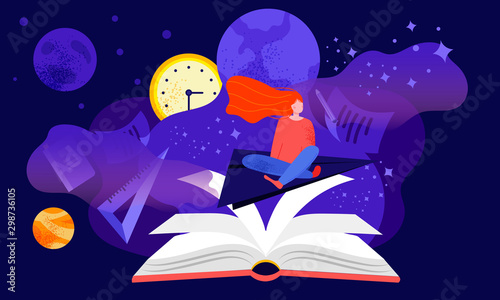 Reading inspiration fantasy concept cartoon with red-headed girl student sitting with her legs crossed among stars and planets, in the violet night colors with open book