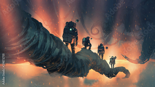 Fototapeta Naklejka Na Ścianę i Meble -  astronauts walking on giant trees in alien planet, digital art style, illustration painting