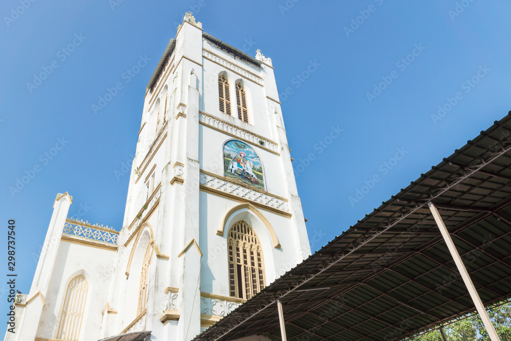 Front of St. George Syro Malabar Catholic Church in low angle view in Alappazha, Kerala, India