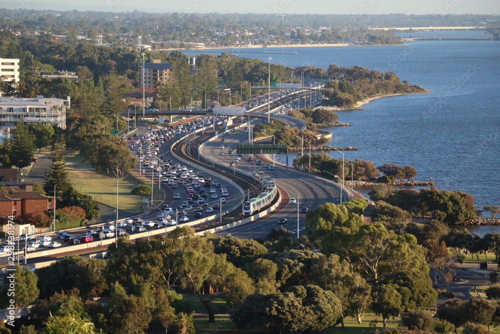 Freeway around Perth City at Swan River, Western Australia