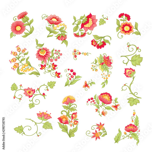 Tradition mughal motif, fantasy flowers in retro, vintage style. Element for design. Vector illustration. Isolated on white background..