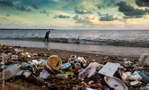 santo domingo, dominican republic October 14, 2019, dramatic image of poluted beach in the carabbean, dominican republic, photo