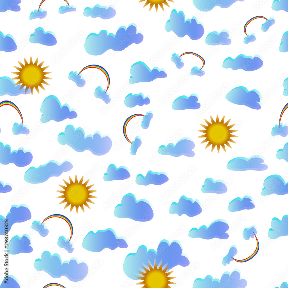 clouds with blue-blue gradient rainbow and sun on a white background seamless pattern