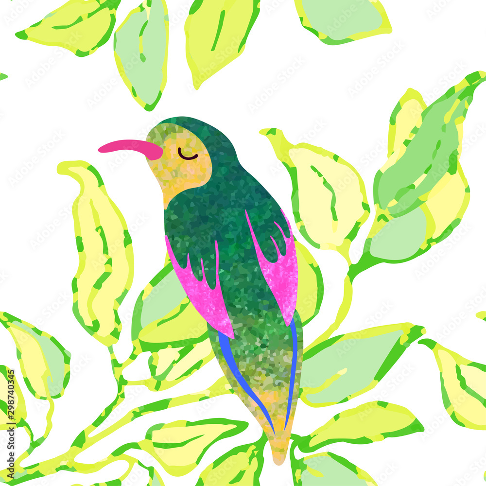 Vector seamless background with colorful watercolor illustration of leaves and birds. Can be used for wallpaper, pattern fills, web page, surface textures, textile print, wrapping paper