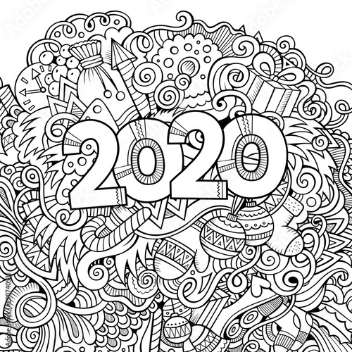 2020 hand drawn doodles contour line illustration. New Year poster.