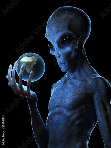 Fotografía 3d rendered medically accurate illustration of a grey alien holding the earth