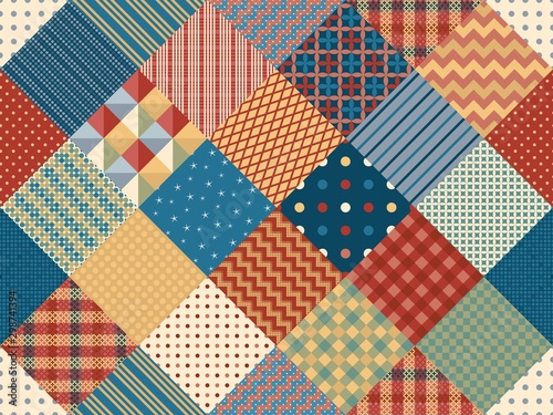Seamless patchwork pattern from patches with different geometric ornaments. Quilting design background.