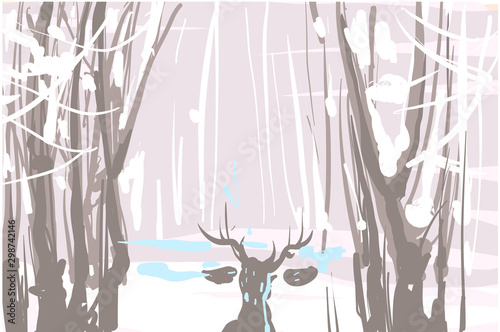 Winter landscape sketch with deer vector illustration © Ka Lina