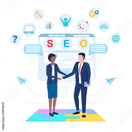 SEO business concept with businesswoman shaking hand of businessman in suit, standing among computer, search, internet and productivity icons and blue speech balloons. Vector cartoon isolated on white