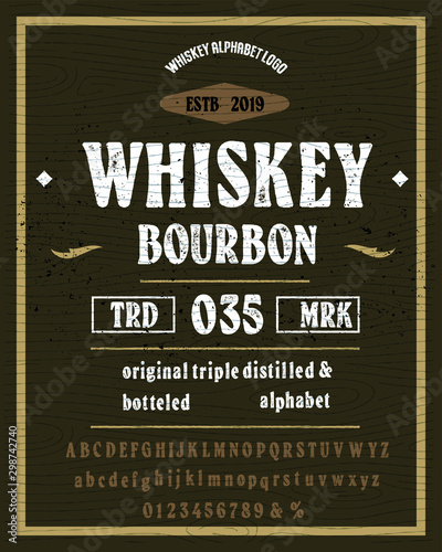 Vintage decorative font  "whiskey" with sample design. Good handcrafted western typeface in vintage style for labels, posters, greeting cards etc. Letters and numbers. Vector illustration