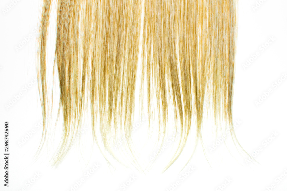 Piece of blonde brown hair on white isolated background