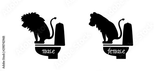 Funny toilet signs. Lion male and female are defecating.