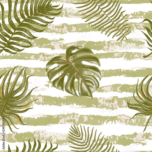 Vector seamless colorful pattern with illustration of tropical leaves on striped background. Can be used for wallpaper, pattern fills, web page, surface textures, textile print, wrapping paper