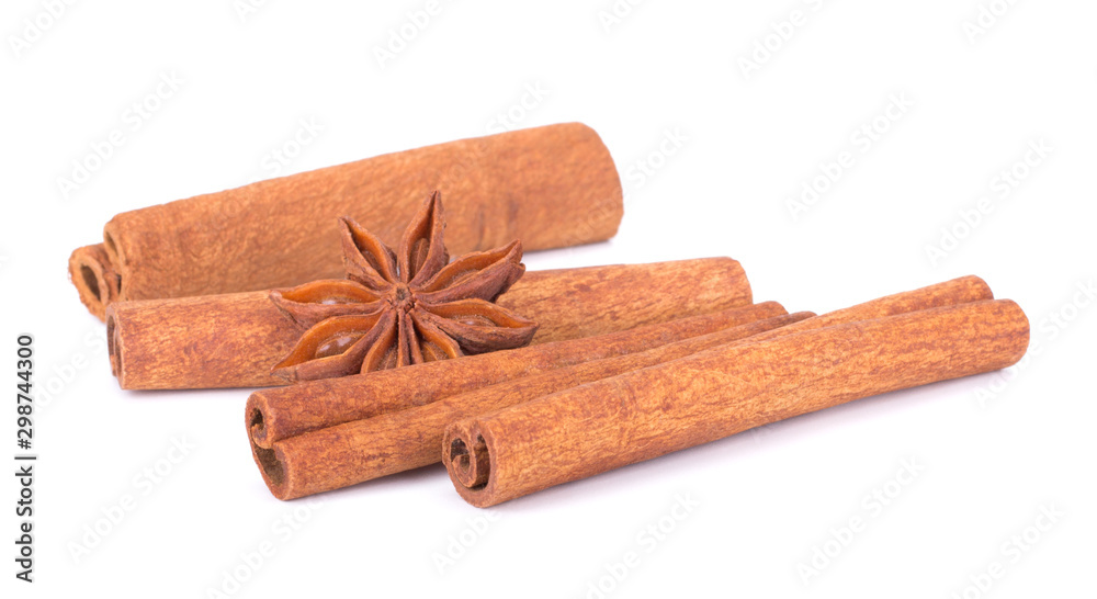 Spicy Cinnamon Sticks and Anise isolated on White background closeup macro shot