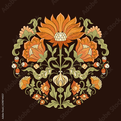 Tradition mughal motif, fantasy flowers in retro, vintage style. Element for design. Embroidery imitation Vector illustration. Isolated on black background