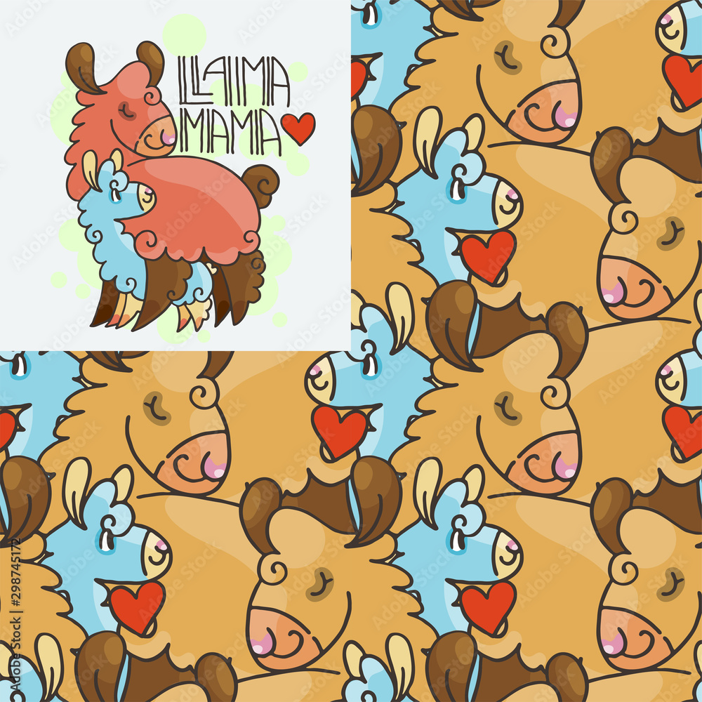 Naklejka premium Llama Mama. Seamlees pattern with cute fluffy alpacas. Funny smiling cozy animals.