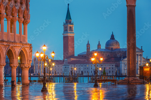 Piazza San Marco at night, view on venetian lion and san giorgio maggiore, Vinice, Italy © sborisov