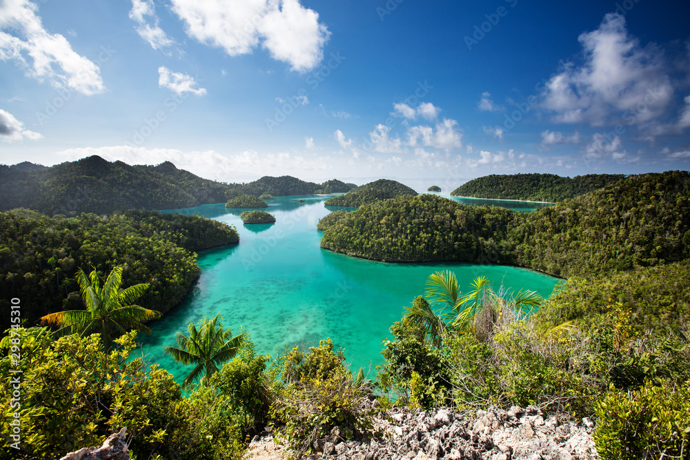 View from the top of the cliff at remote archipelago Pulau Wayag, Raja Ampat, Indonesia