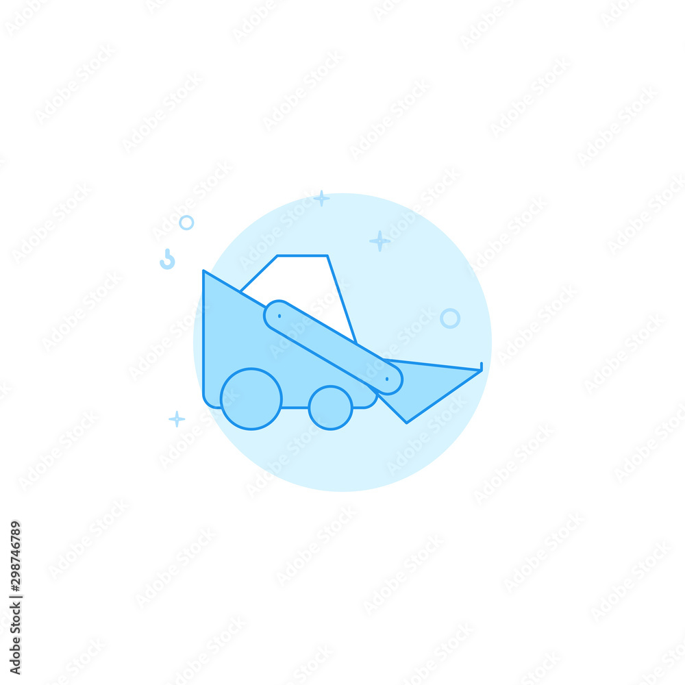 Bobcat machine, mini bulldozer flat vector icon. Filled line style. Blue monochrome design. Editable stroke Bobcat machine, mini bulldozer flat vector icon. Filled line style. Blue monochrome design. Editable stroke