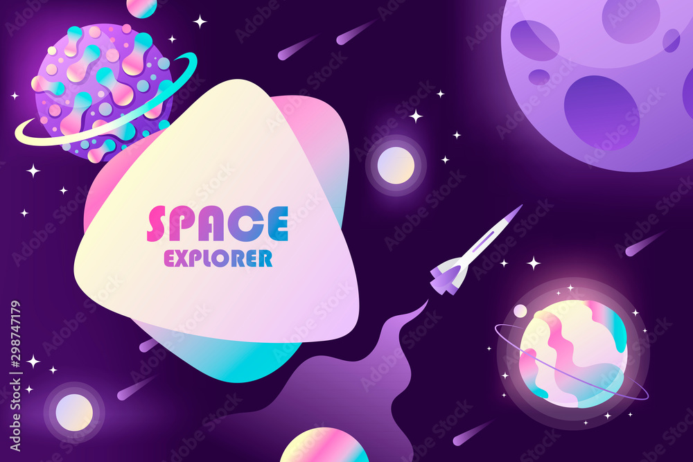 Horizontal space background with abstract shape and planets. Cartoon game backdrop. Web design. Presentation template. Vector illustration