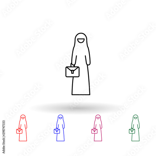 Muslim businesswoman, suitcase multi color icon. Simple thin line, outline vector of muslim businesswoman icons for ui and ux, website or mobile application