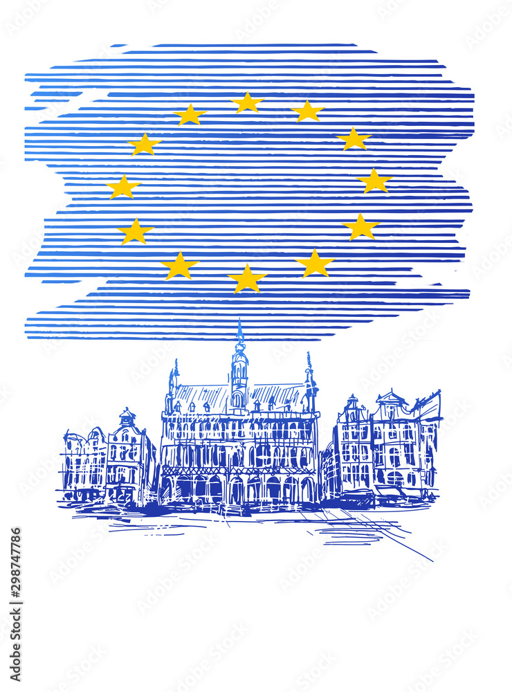 Ilustracja przedstawiająca flagę Unii Europejskiej z przykładowym zabytkiem architektonicznym - obrazy, fototapety, plakaty 