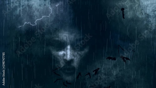 Lightning storm in the night sky with demon face and bats loop animation	