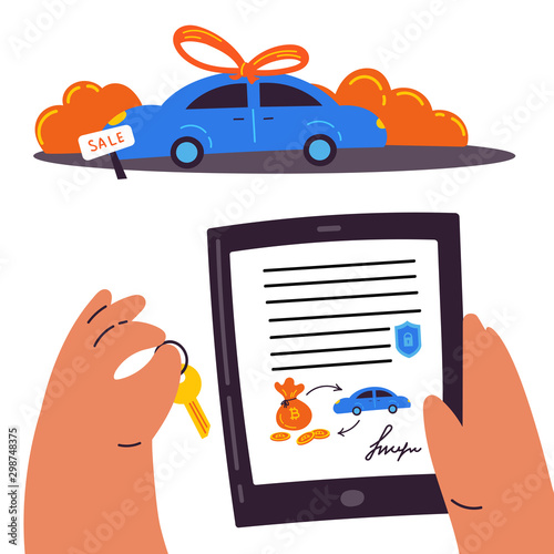 Blockchain contract.Buying a car through a smart contract.Man holds a tablet with a blockchain contract for the purchase of a car in one hand, and in the other a car key.An innovative contract.Vector