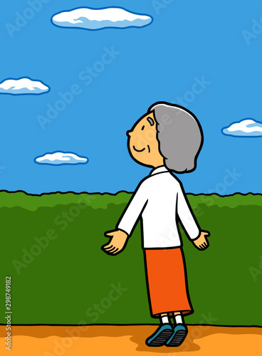 イラスト｜高齢者｜深呼吸｜おばあちゃん｜背景アリ