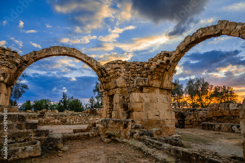 The Byzantine Saranta Kolones, Forty columns castle, ruined archs in a sunset time, Kato Paphos, Cyprus photo