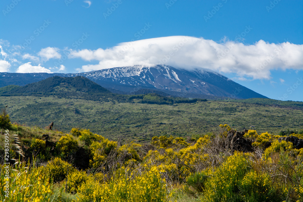 View on dangerous active stratovolcano Mount Etna on east coast of island Sicily, Italy