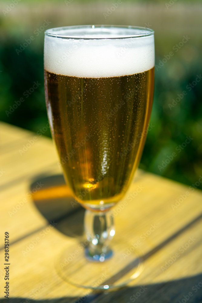 Cold Belgian white beer served outside in sunny day Cold Belgian white beer served outside in sunny day
