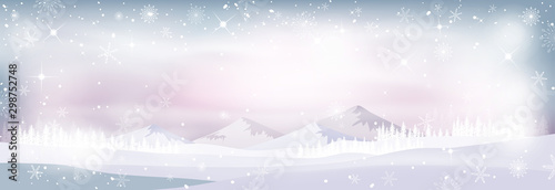 Vector winter wonderland night, Panorama winter landscape with falling snow, snowflakes, forest pine tree, Christmas scene for Holiday and Happy new year background in pastel tone © Anchalee
