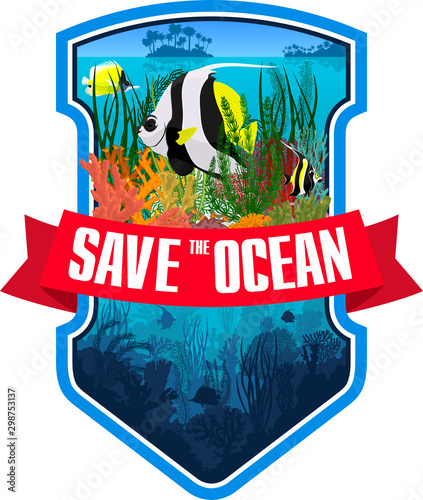 Vector emblem with coral reef and colorful tropical fish
