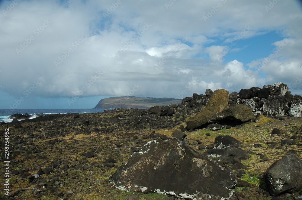 panoramic view volcanic coast line easter island Chile