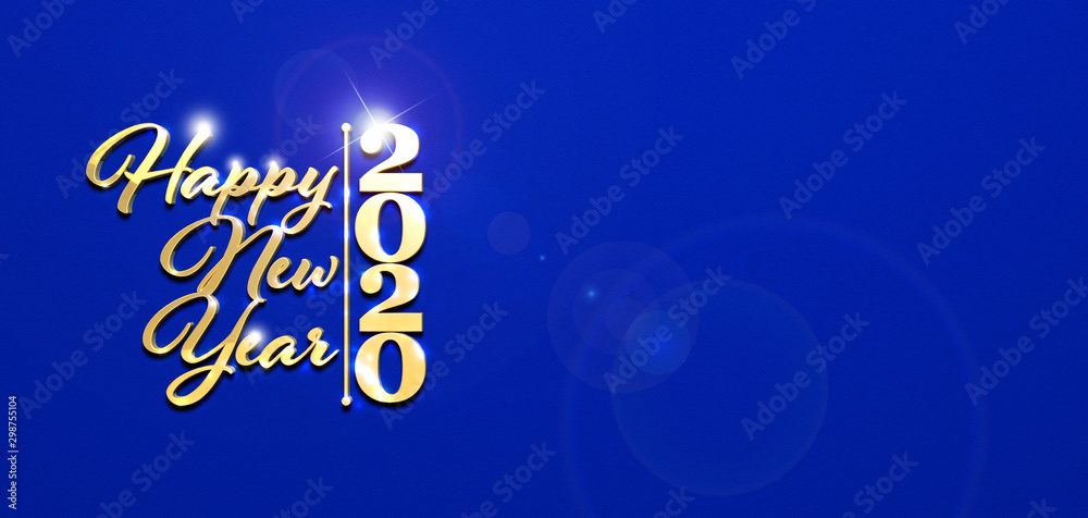 biglietto con scritte 3d oro happy new year 2020 su fondo blu con spazio per scrivere